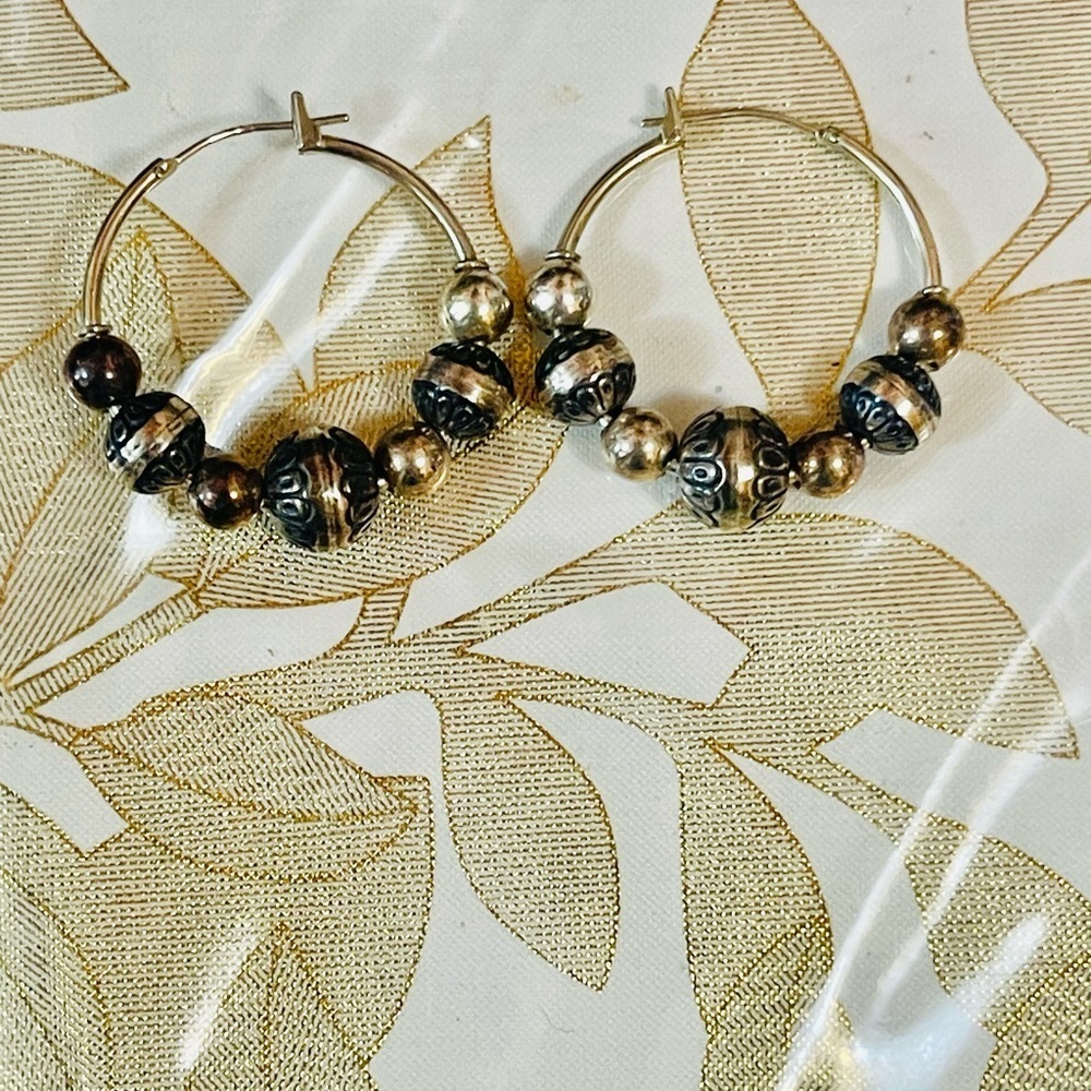VTG Southwest Sterling Silver Graduated Beaded Ball Large Hoop Earrings